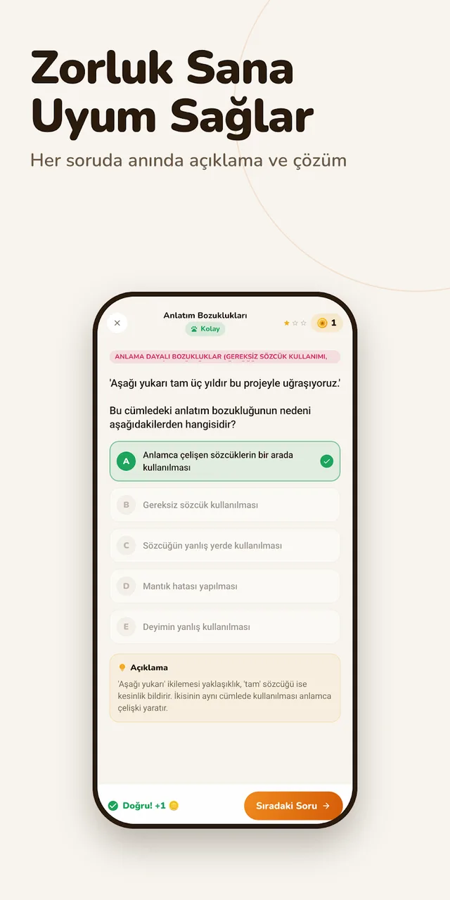 KPSS Digital Android uygulaması ekran görüntüsü: Uyarlanabilir zorluk, anında açıklama
