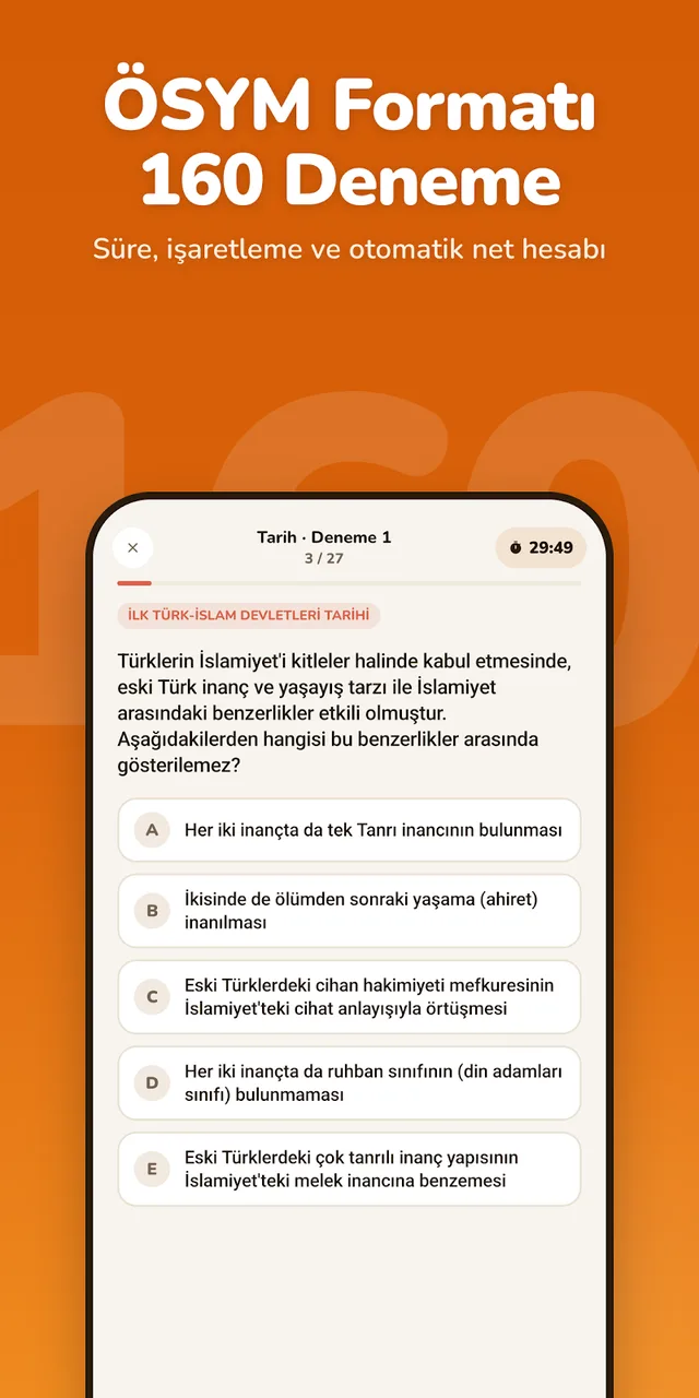 KPSS Digital mobil uygulaması ekran görüntüsü: ÖSYM formatında deneme, otomatik net