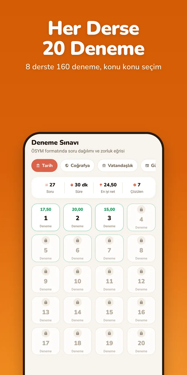 KPSS Digital Android uygulaması ekran görüntüsü: Her derste 20 deneme