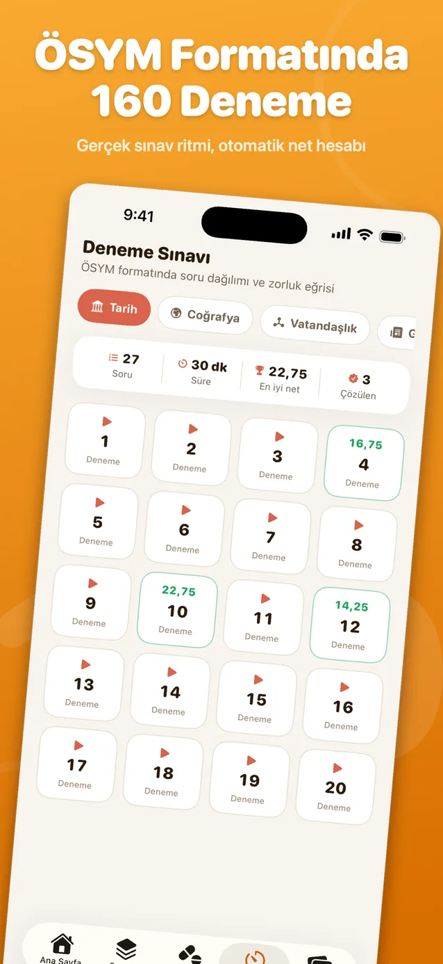 KPSS Digital iOS uygulaması ekran görüntüsü: ÖSYM formatında 160 deneme